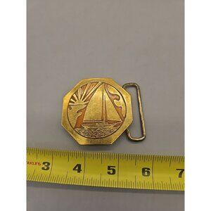 Vtg 1970s Horizon Belt Buckle Copper Brass Sailboat Nautical Boho Hippie USA